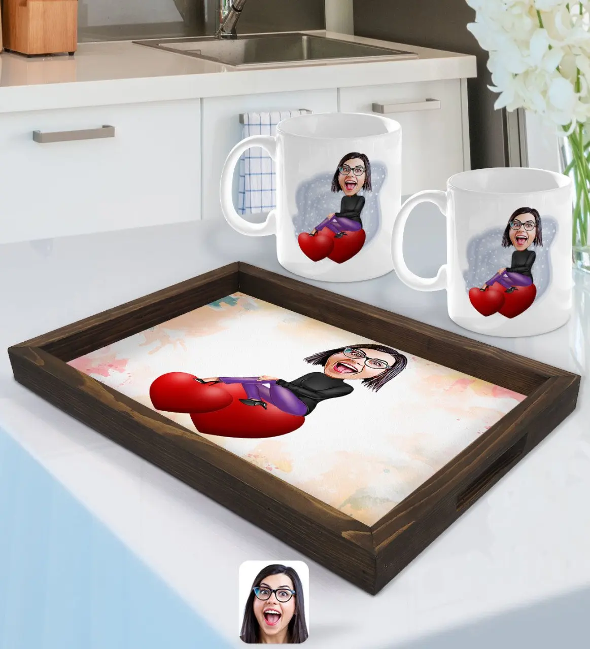 

Персонализированная Женская карикатура поднос из натурального дерева и 2gang Cup Seti-2