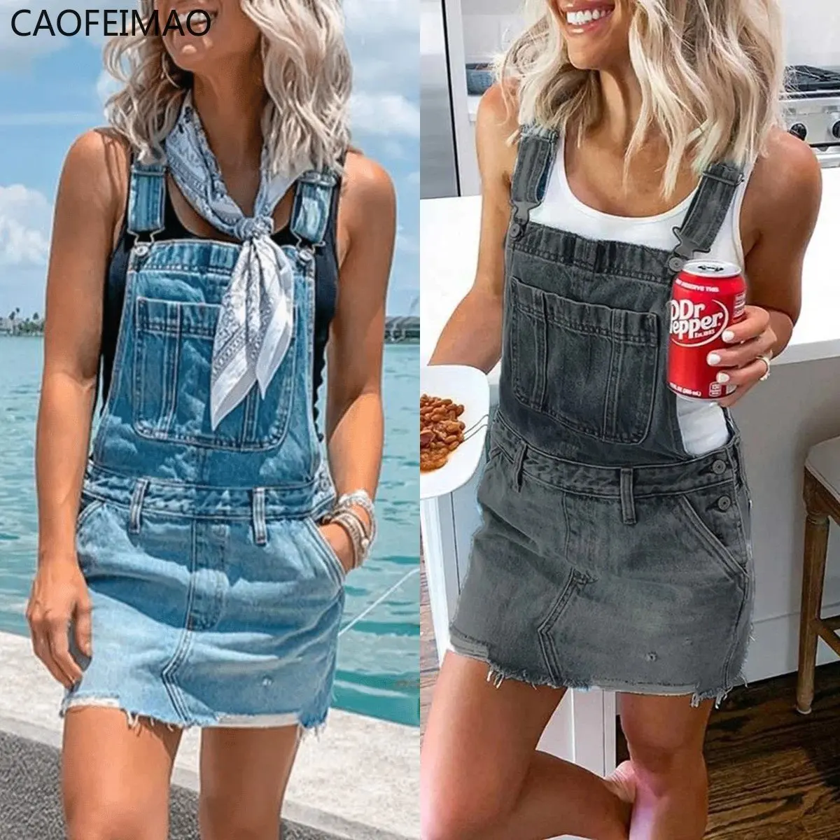 

Women's Frayed Hem Adjustable Strap Denim Overall Dress Classic Casual Mini Jean Dresses Pocket Sleeveless Suspender Short Skirt