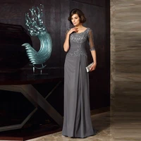 classic mother of the bride dresses applique scoop elegant wedding guest dress sweep half sleeves gray lace vintage evening gown