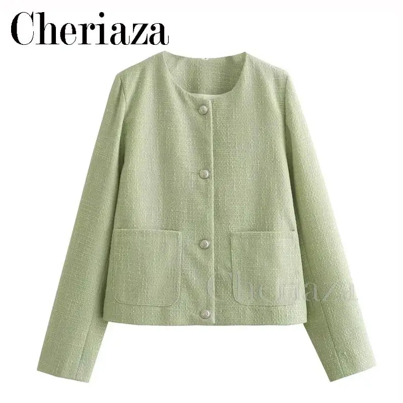 

Cheriaza 2023 Autumn Winter Female New Short Round Neck Button Cardigan Solid Color Simplicity Fashion Versatile Pocket Coat