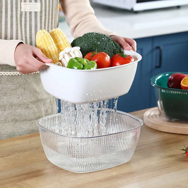 

Double-layer Plastic Drain Basket Vegetable Fruit Washing Storage Strainers Cleaning Colander Tool Kitchen Supply For Household
