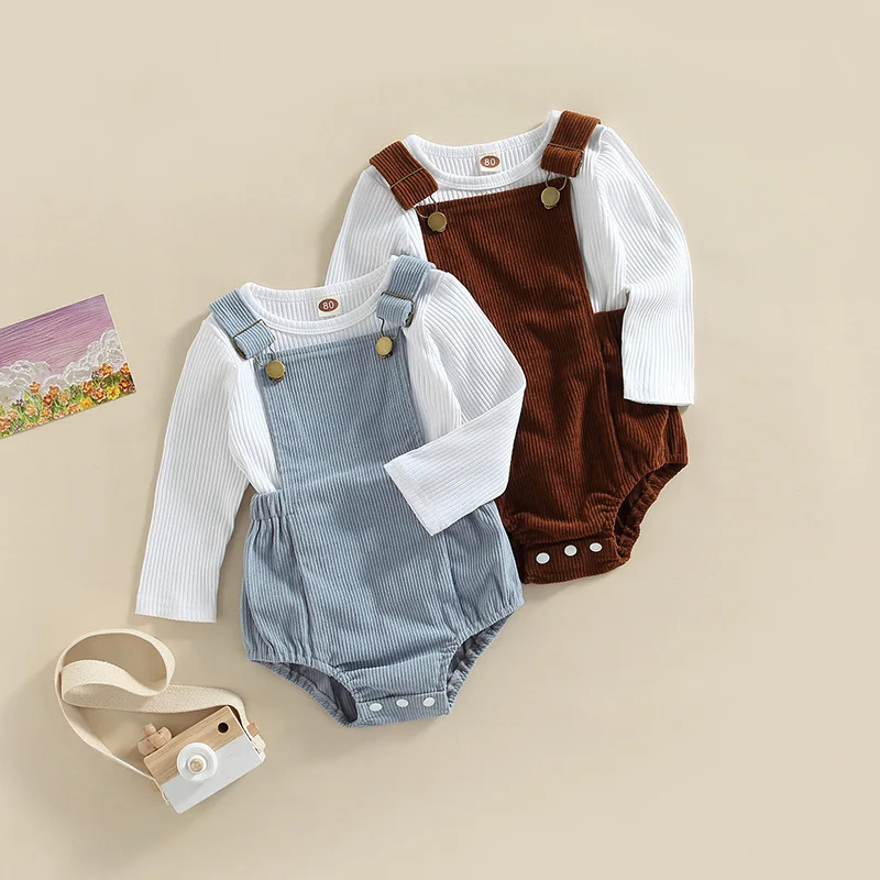

Осенний комплект одежды для новорожденных мальчиков и девочек, Однотонная футболка в рубчик с длинным рукавом и вельветовый комбинезон на подтяжках для детей 0-24 мес.