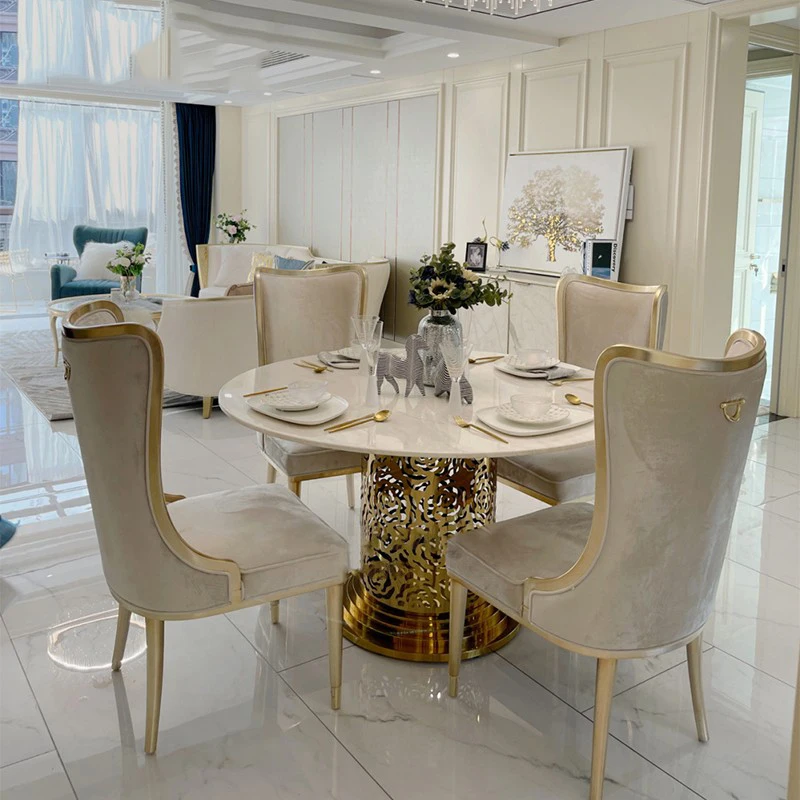 

Customized American Light Luxury Dining Tables and Chairs Set Post-Modern French Metal round Table with Six Chairs Marble
