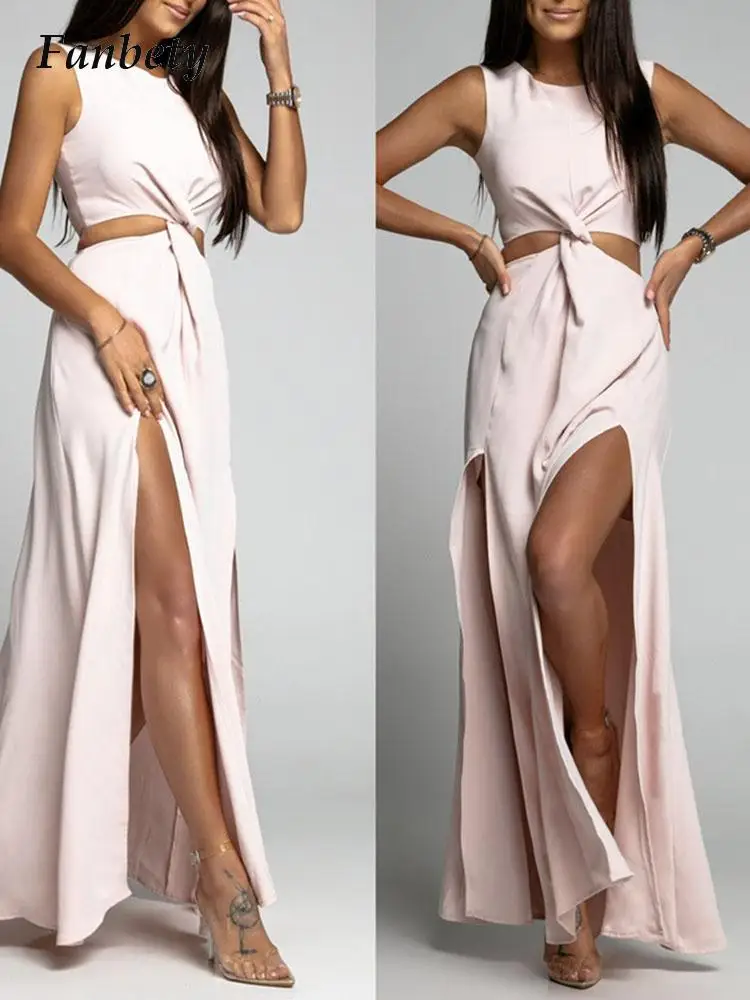 

Летнее модное дизайнерское платье с вырезами на талии 2022 элегантное женское простое платье-макси с круглым вырезом и разрезом