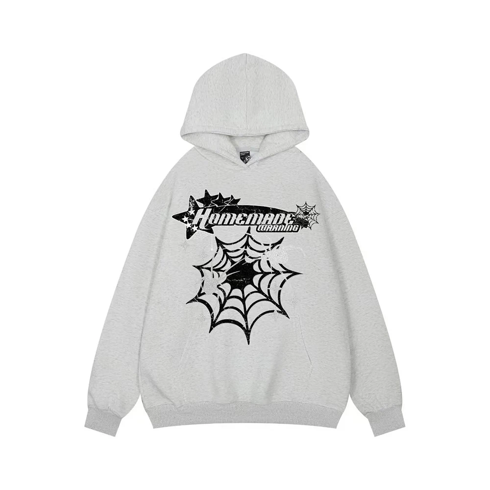 

Y2K Letter and Spider Web Print Pullover Men's Hooded Hoodies Stranger Things Baggy Casual Sweatshirts Ropa Hombre Sudaderas