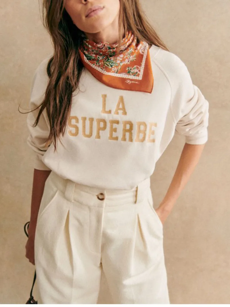 

3 Colors Women Cotton Sweatshirt Letter Embroidery Casual Long Sleeve Female O-neck Terry Pullover Autumn New 2023