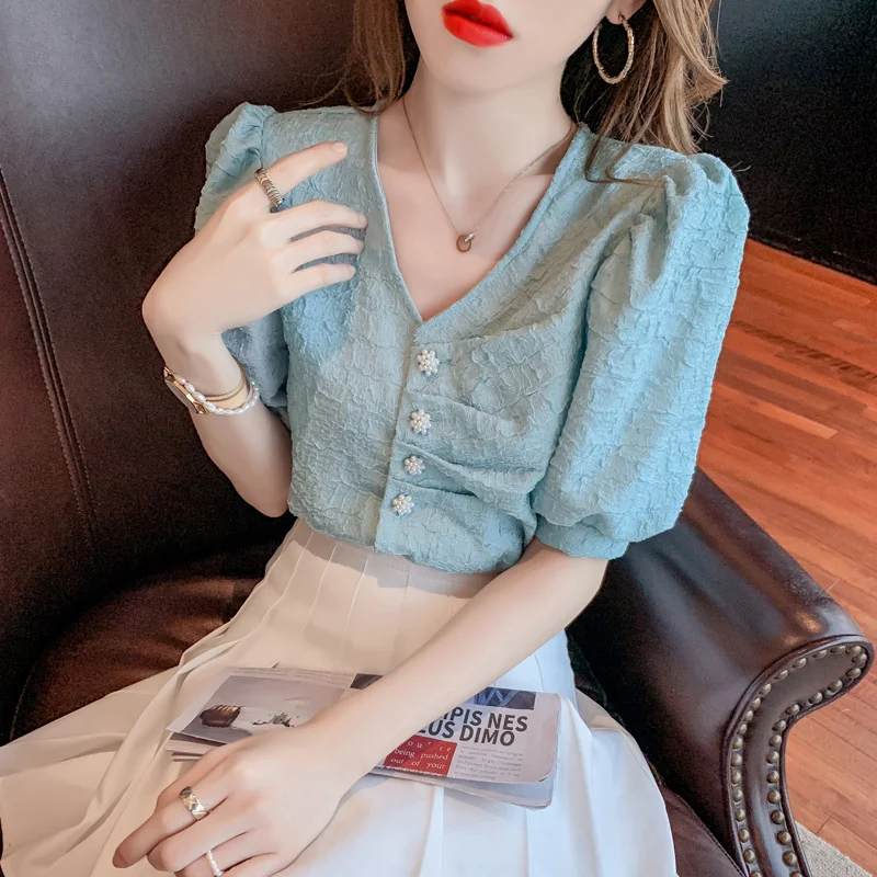 

women shirts 2022 Summer New French Style Temperament V-neck Short-Sleeved Shirt Women's Short Blouse Puff Sleeve Tops