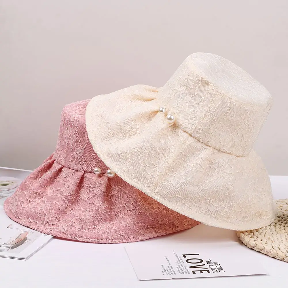 

Шляпа Женская Солнцезащитная складная, корейский стиль, кружевная Кепка с жемчугом, с широкими полями, защита от ультрафиолета, летняя
