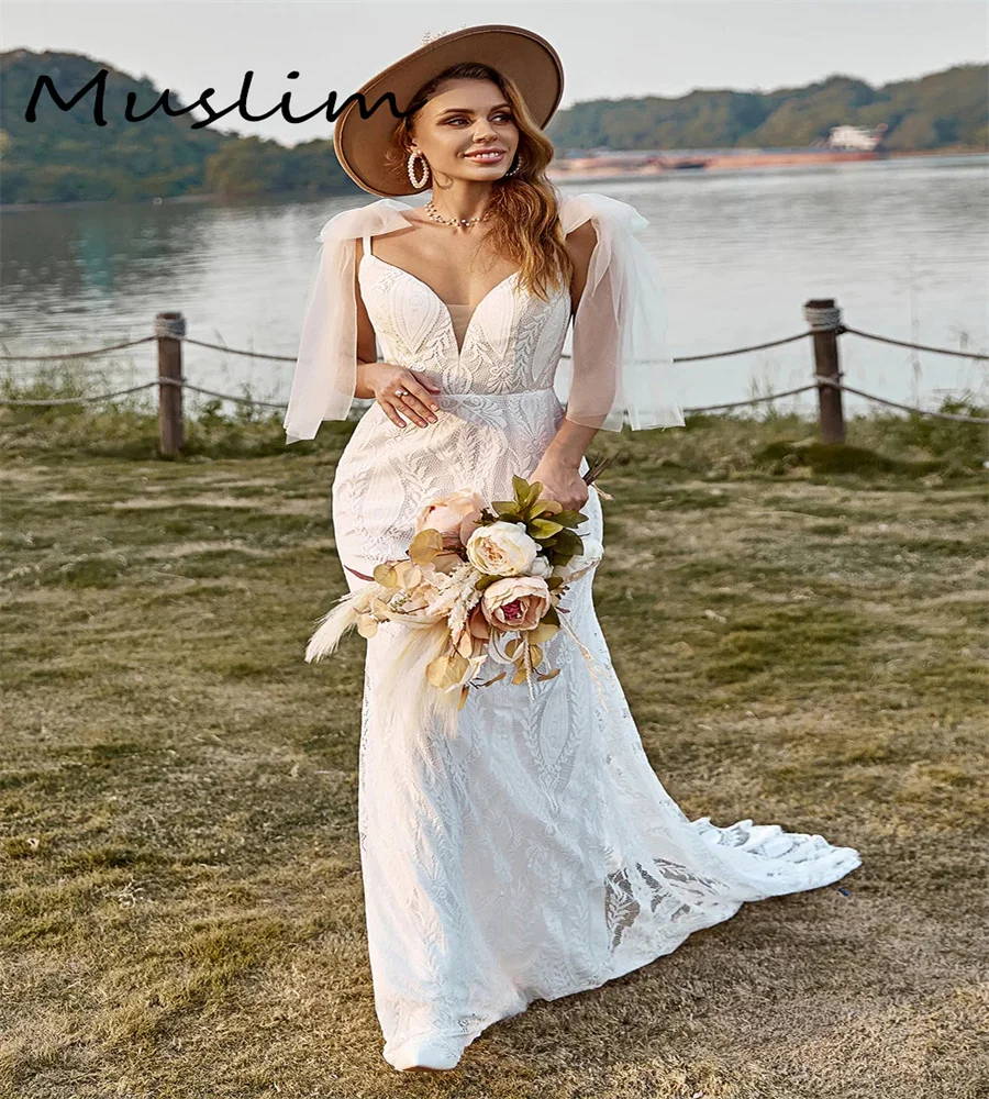 

Chic Crochet Lace Bohemian Wedding Dress Cap Sleeves Mermaid Beach Backless Bride Dress 2023 Civil Rustic Plus Size Bride Gown