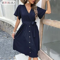 movokaka summer women vintage blue long dress elegant party casual office lady v neck button vestidos short sleeve slim dresses