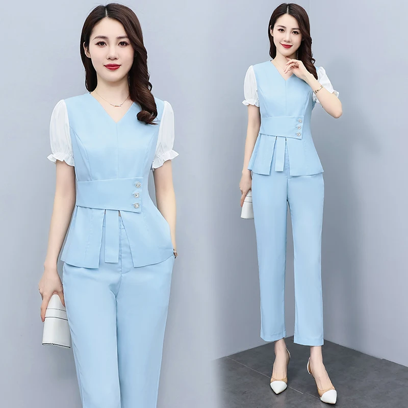 

2022 Summer Suit Pants Women's Summer Fashion Temperament Short Sleeve Tops and Slim Waist Two-Pieces Work Clothes Western style