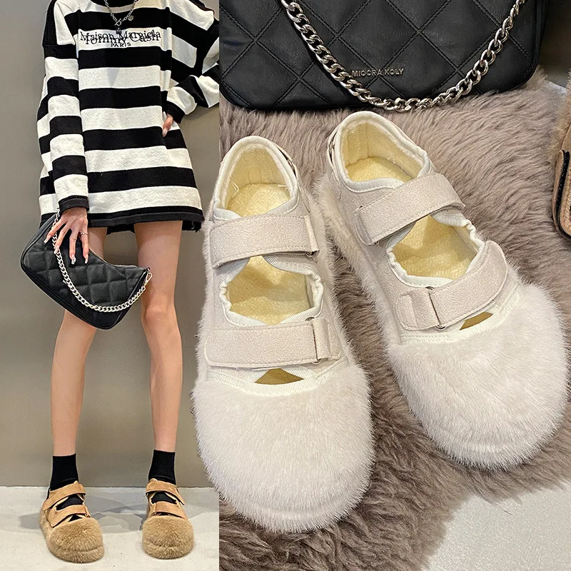 

Туфли женские без шнуровки, повседневные кроссовки с круглым носком, меховые лоферы, классическое платье, мокасины в ретро стиле, Осень-зима