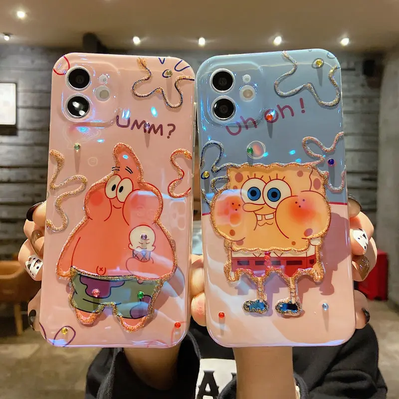 

Bandai SpongeBob Patrick Star Silicone Soft Case for iPhone11 12 13 Pro Max X XS MAX XR Mini Cartoon Blue Fluorescent Back Cover