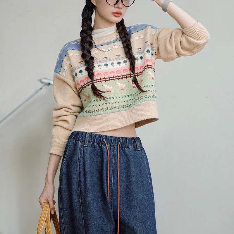 Винтажный свитер Maden с животными универсальный пуловер круглым вырезом для