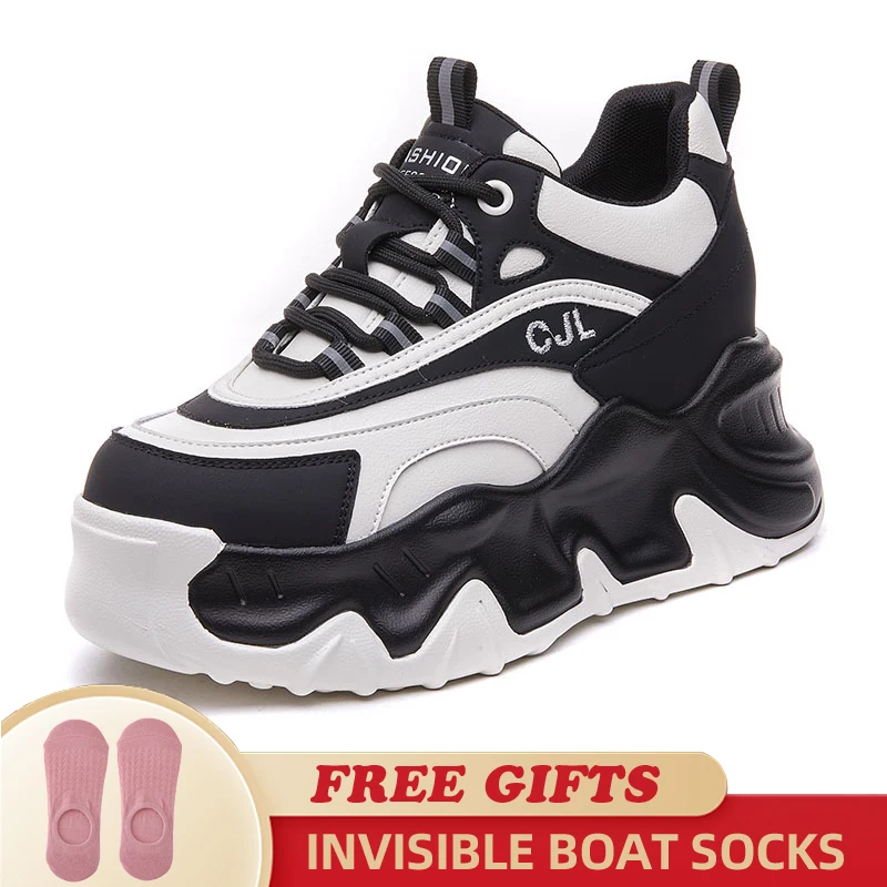 8CM Genuine Leather Mixed Color High Brand Women Chunky Sneakers Platform Wedge Vulcanized Shoes Hidden Heels Lady Fashion