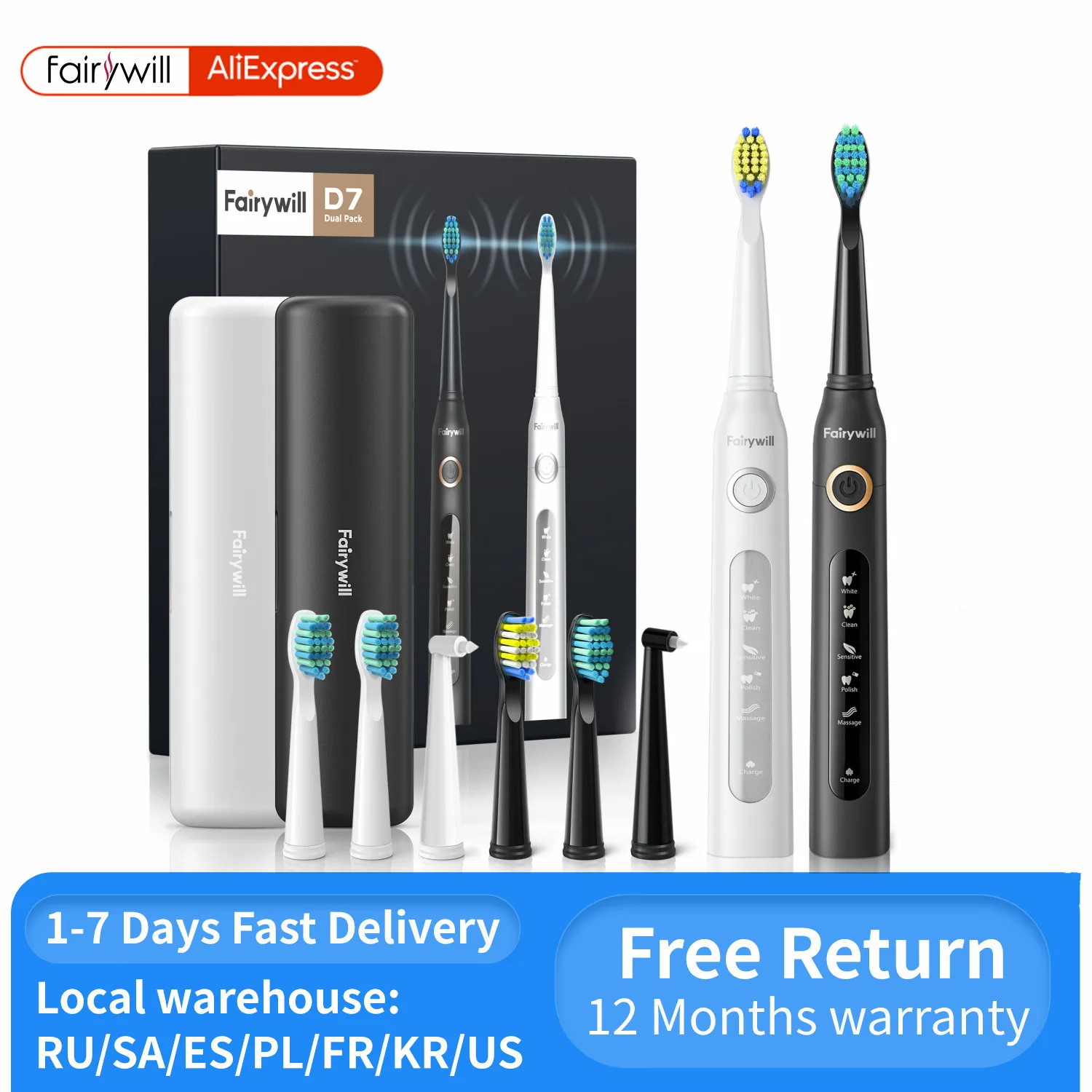 Fairywill Sonic Electric Toothbrush FW-D7 set USB Charge Toothbrushes case for Adult with tooth brush Heads 5 Mode Smart Time