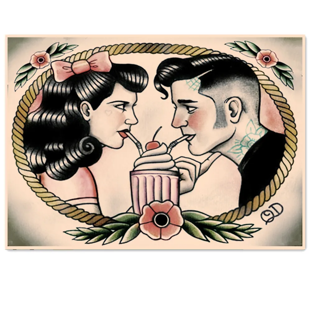 

Милая пара. Тату на стену, картины, Постер и принты фильмов, ретро крафт-бумага, картина, бар, кофе, наклейки на стену магазина, домашний декор