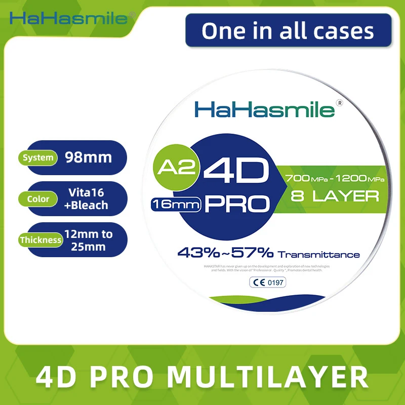

HaHasmile 4D Pro Multilayer Zirconia Block 8 Layer 98-A2 43%-57% Dental Lab Restoration Material Cad Cam High Strength Zirconia