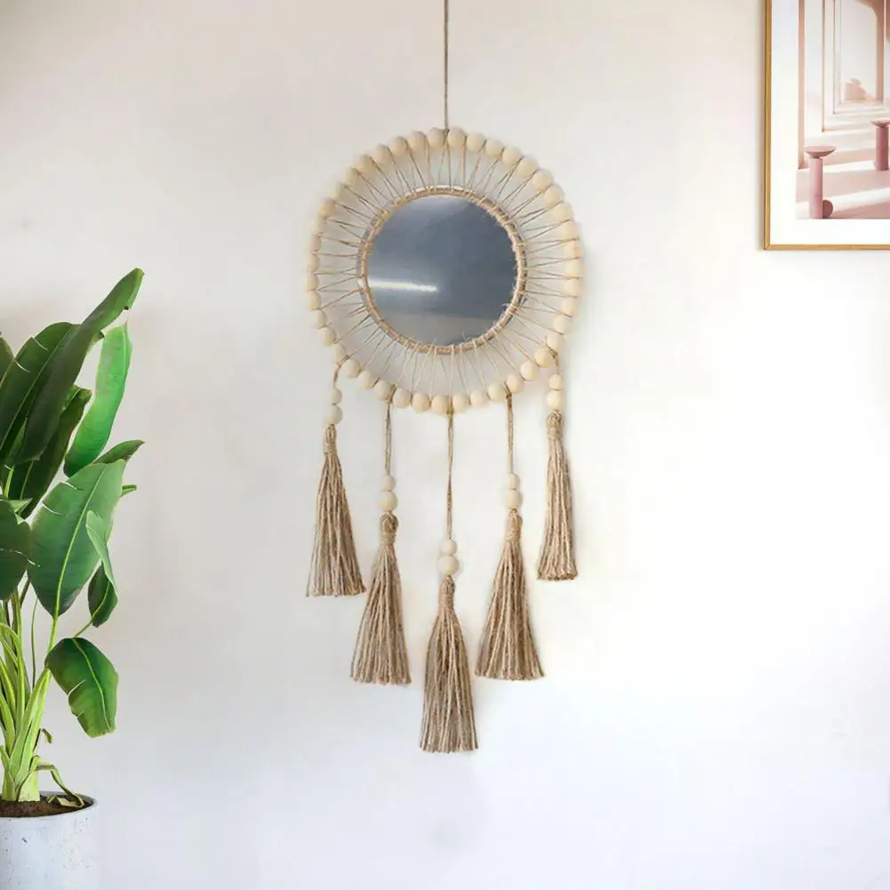 

Hand-Woven Tassel Mirror Exquisite Decorative Wall Hanging with Wooden Beads Cutout Design Tassel Mirror