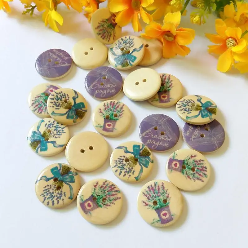 

New 25Pcs 25mm Lavender pattern Tower Flower 2 Holes Wooden Buttons Sewing DIY Craft Scrapbooking Cute Fashion