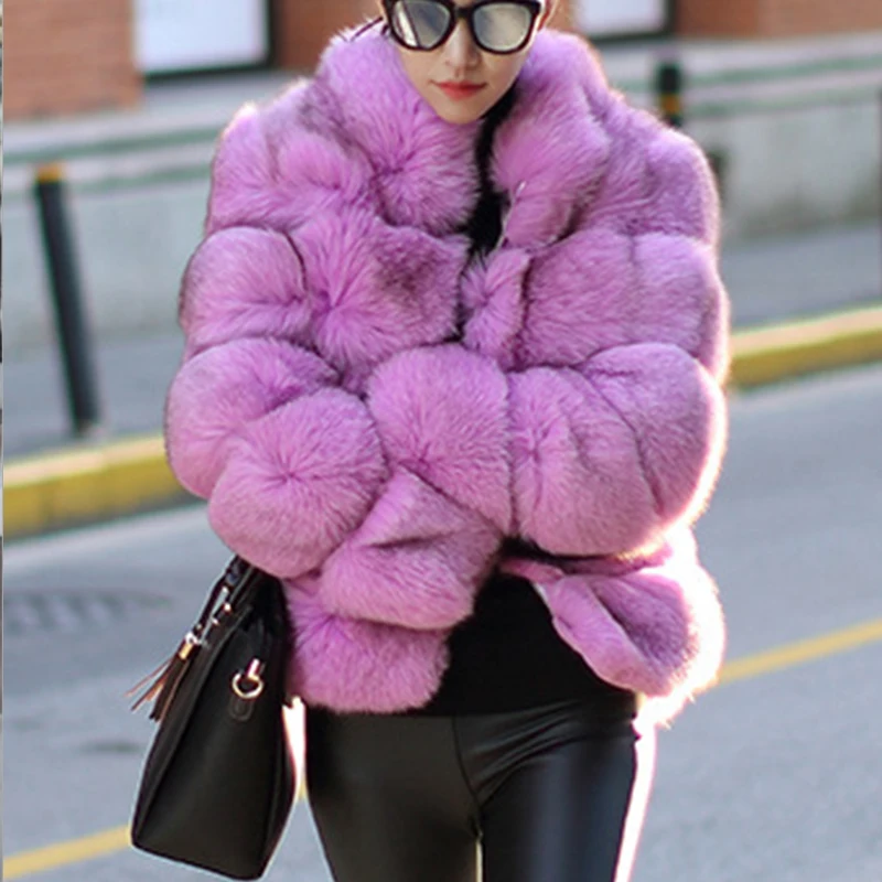 High Quality Fashion Silver Fox Fluffy Fall Winter Faux Fur Coat Women Jacket Luxury Stand Collar Long Sleeve Fur Jacket Female