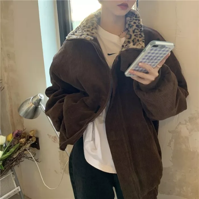 New2022 New Winter Leopard Patchwork Women Coat Corduroy Warm Loose Casual Jacket Female Outwear Elegant Tops