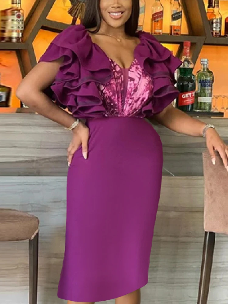 Женское вечернее платье AOMEI с V-образным вырезом сетчатыми вставками и оборками