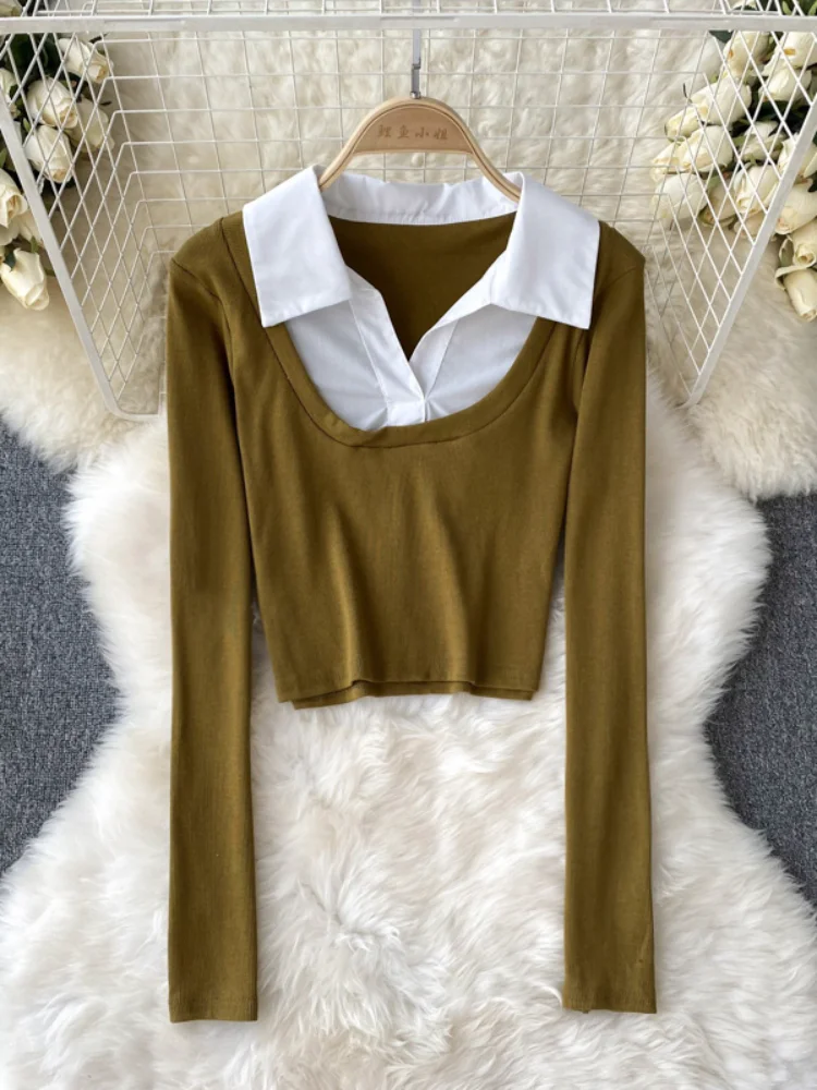 

Hikigawa Chic Fashion Women Tops Fake 2 Pcs KNitted Patchwork Long Sleeve T-Shirts Early Autumn SLim Fit Bottoming Top Mujer