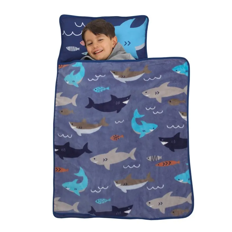 

Blue and Grey Shark Toddler Nap Mat with Pillow and Blanket