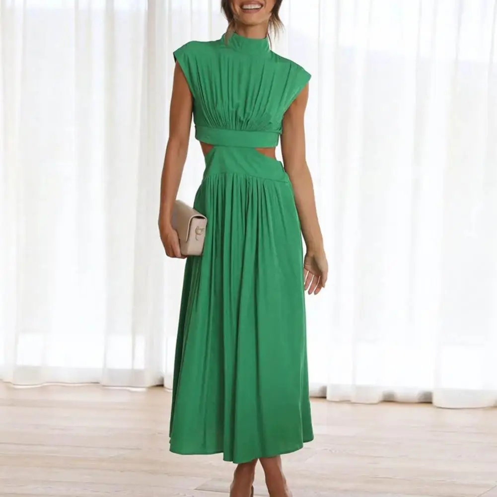 

Women Elegant Maxi Dresses 2023 Summer Fashion Casual Solid Sleeveless Backless Dress Female Sexy Hollow Out Pleated Long Dress