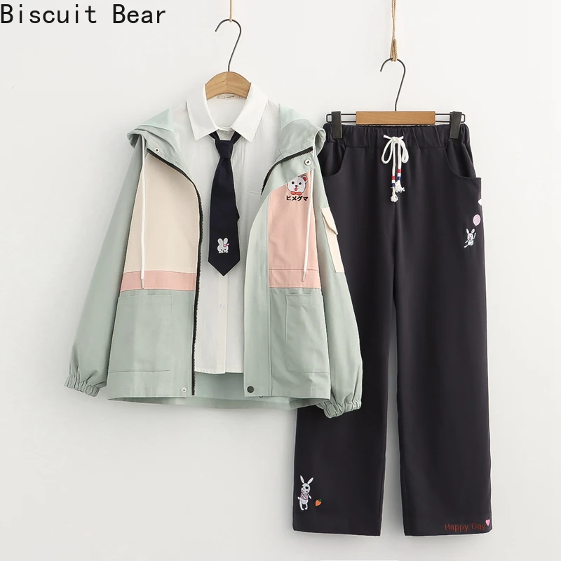 

Женский Повседневный брючный костюм, хлопковая блузка с галстуком и прямые штаны с мультяшной вышивкой, куртка с капюшоном, лето 2021