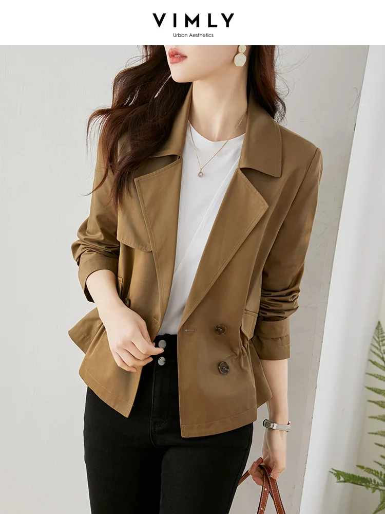 Vimly Short Trench Coat for Women Korean Fashion Double Breasted Full Sleeve Spring 2023 New Jackets Autumn Winter Clothes V8028