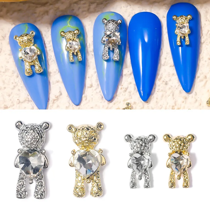 

5PC 3D Cute Alloy Love Bear Shiny Rhinestone Nail Charms with Heart Crystal Zircon Luxury Creative Nail Art Diamond Jewelry Hot