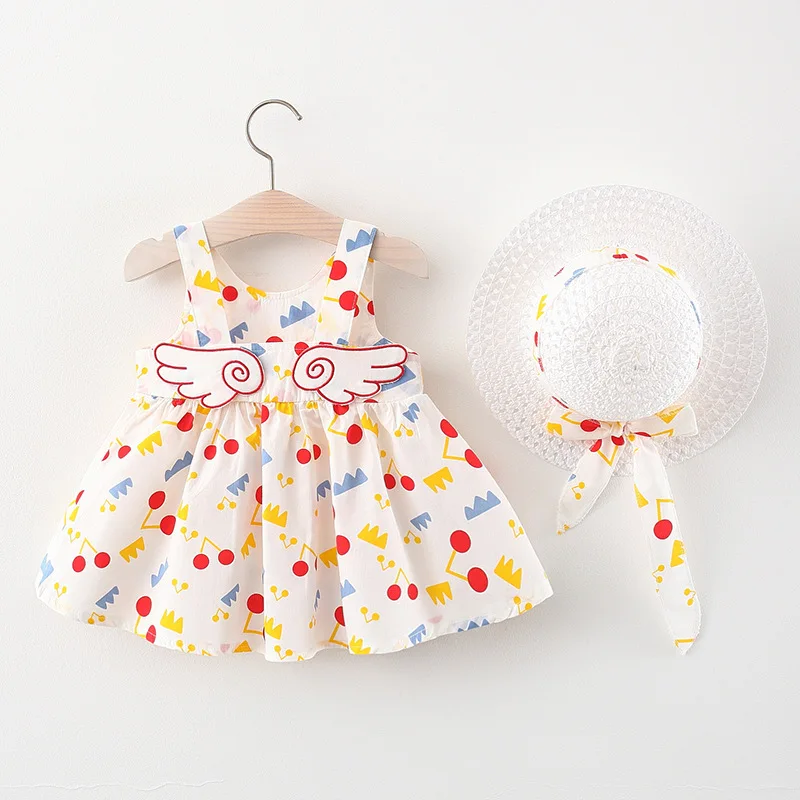 

Summer Baby Girls Beach Princess Dress Cute Bow Flowers Sleeveless Cotton Toddler Dresses + Sunhat 2pcs Newborn Clothing Set