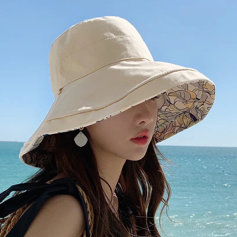 

2023 Spring Summer Print Reversible Sun Beach Hat Woman Girl Outdoor Travel Vacation Fisherman Cap Wide Brim 12.5cm Visor Hat