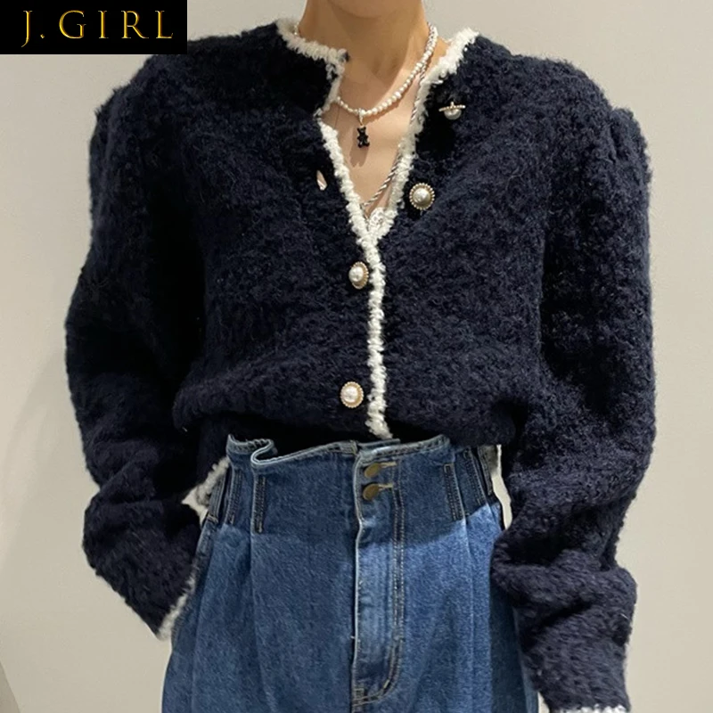 

J GIRLS Cardigan Coat Korean Women Autumn Chic Elegant Contrast Color Pearl Button Loose Bubble Sleeve Knitted Sweater Women