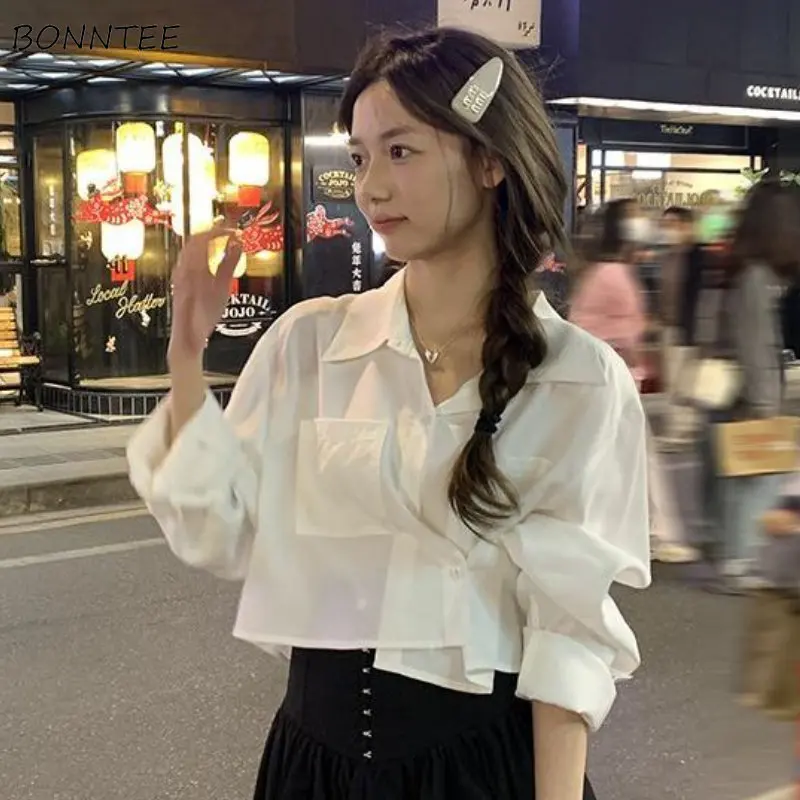 

Shirts Women Solid Back-slit Baggy Asymmetrical Casual Crop Tops Sweet All-match Spring Tender Ulzang Chic Lapel Popular Simple