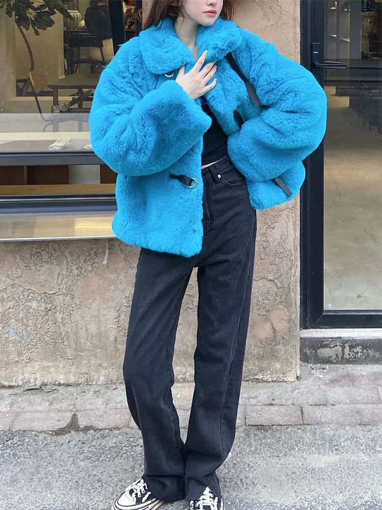 Young Style Streetwear Women Fluffy Overcoat 2022 New Autumn Winter Thicken Faux Rabbit Hair Fur Jacket Coat Blue Three Buttons