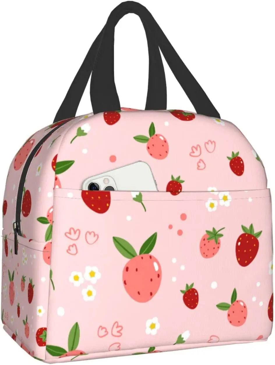 

Cute Strawberries and Flowers Lunch Bag Reusable Lunch Box Work Bento Cooler Reusable Tote Picnic Boxes Insulated Container Bags