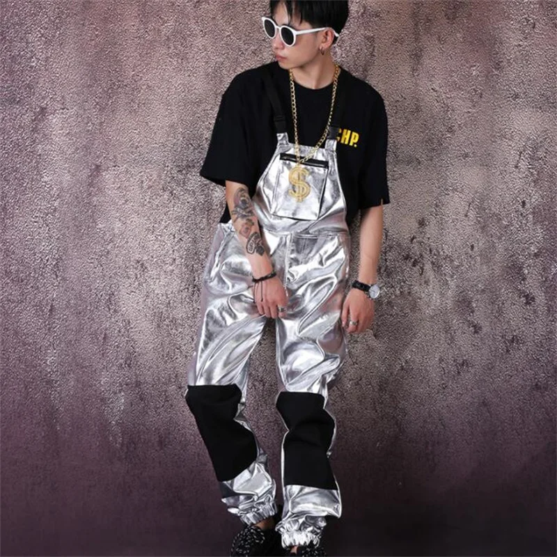 Silver pants mens trousers one-piece overalls nightclub outfit hip-hop jumpsuit trendy singer stage dance