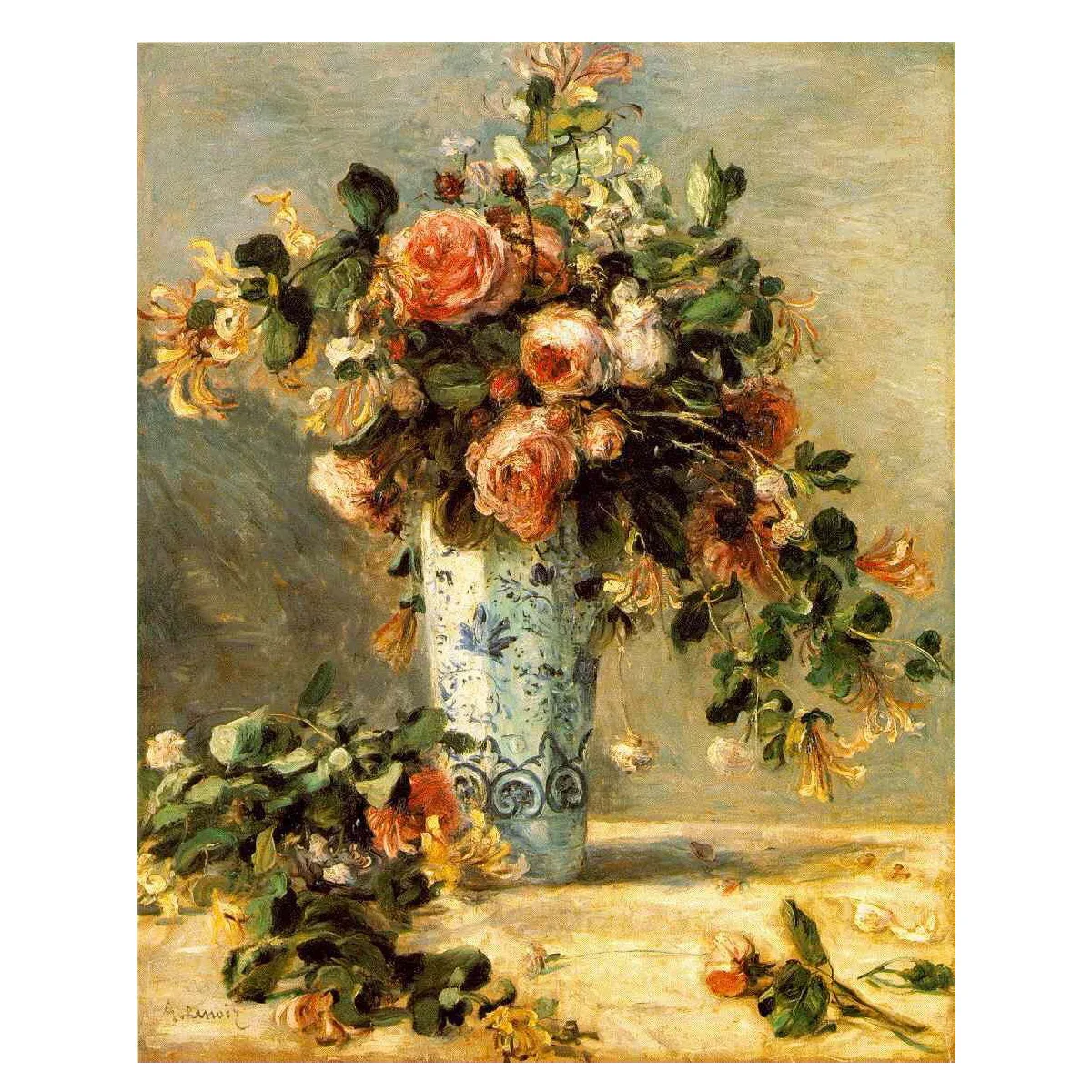 

Ручная роспись, высокое качество, воспроизведение роз и жасмина в вазе Delft от Pierre-augte renffer, Цветочная масляная живопись