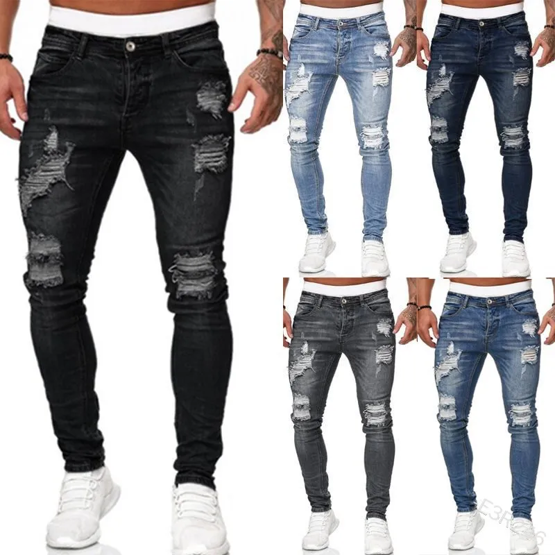 

Cross Border European and American Foreign Trade New Men's Jeans Youth Leisure Slim Fit Small Feet Men's Perforated Pants