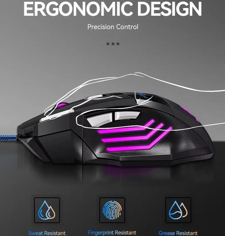 Фото Проводная USB-мышь для игр с эргономичным дизайном, RGB-подсветкой, 7 кнопками, регулируемым DPI, для геймеров, ПК, ноутбуков и компьютеров. №3