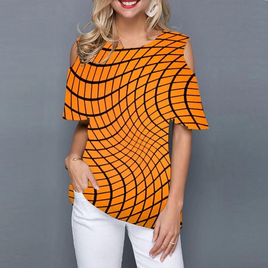 

Fashion Summer Women's Off-shoulder Crew Neck Short Sleeve T-shirt 3D Plaid Mesh Print Pullover Casual Trend Women's Top