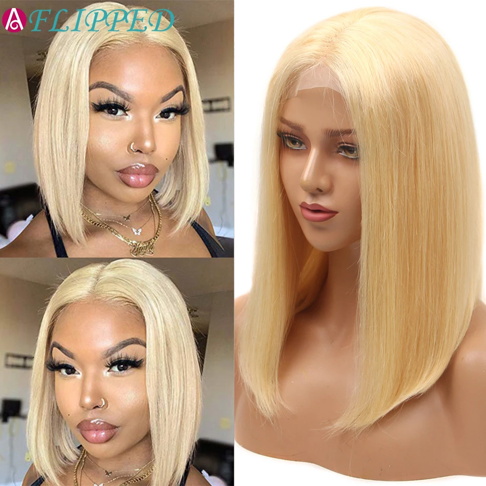 613 Blonde Short Bob Wigs Lace Human Hair Wigs T Part 5*5*1 Pre Plucked With Baby Hair Brazilian Straight Remy Hair Lace Bob Wig