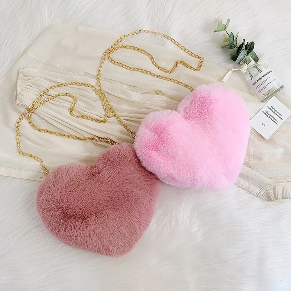 

Plush Crossbody Shoulder Bag Women Heart Shaped Chain Money Messenger Handbag Youth Ladies Simple Versatile Bag