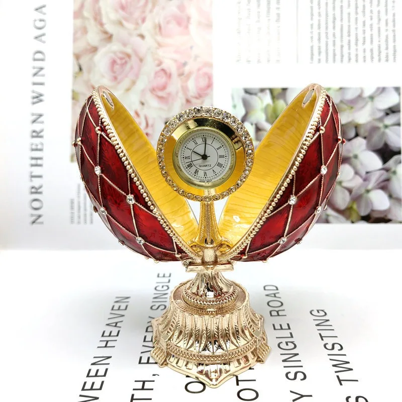 Faberge Egg Trinket Box & Clock Handmade Crystals Egg Shaped Hinged Trinket with Clock inside