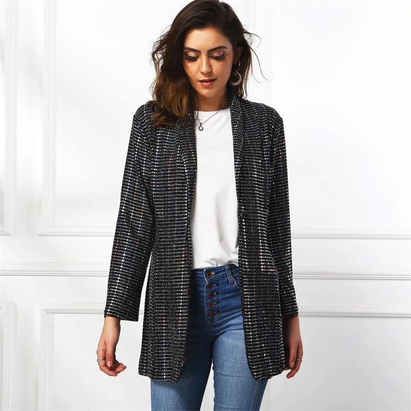 Fashion Sequin Blazer Women Bright Silver Single Button Casual Office Blazer Spring Autumn Work Suit Vintage British Style Slim