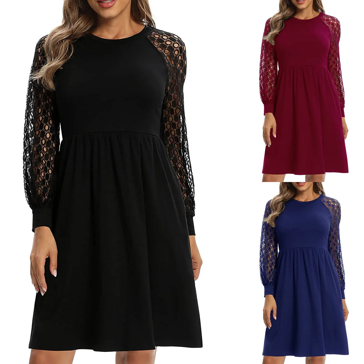 

2021 new women's long sleeve fashion lace splicing dress