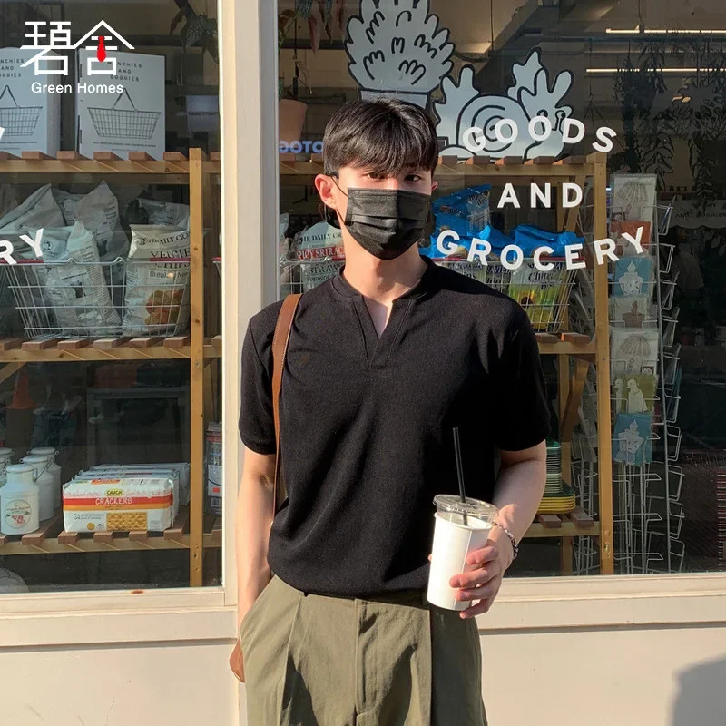 Bishu Весна Лето Футболка с воротником Генри и винтовой резьбой Мужская однотонная